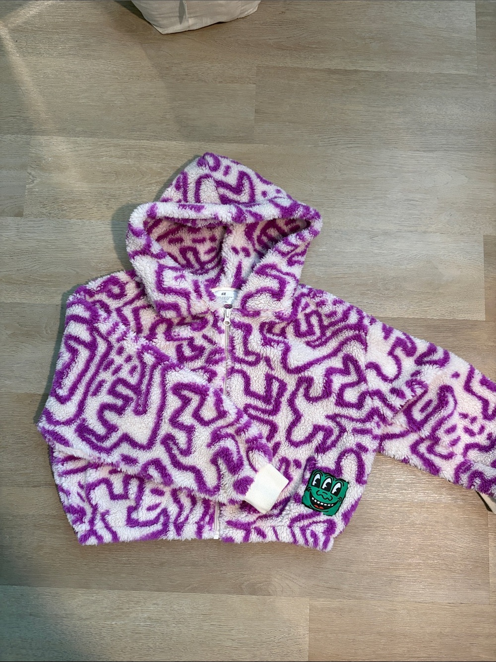 H&M Kids Plush Hooded Zip Jacket in Purple and White with Green Patch